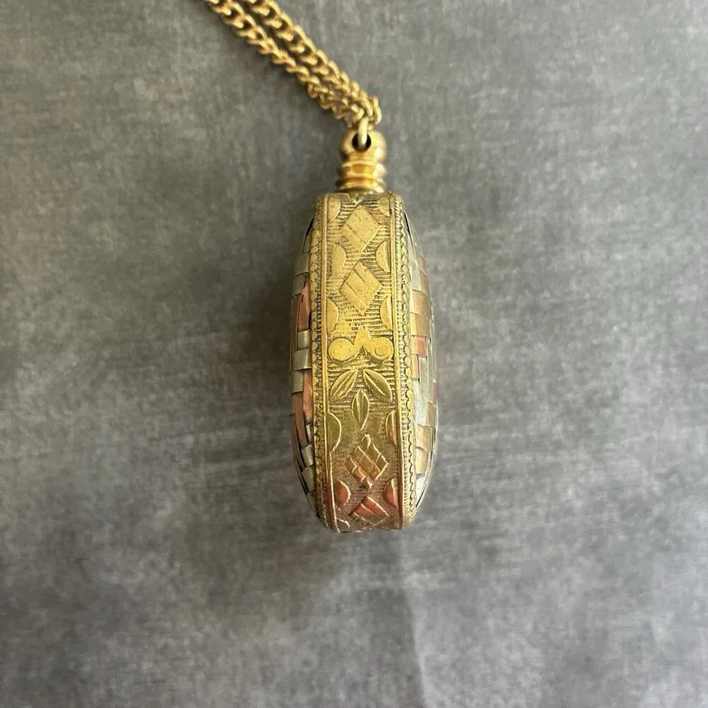 Vintage Perfume Bottle Necklace Pendant Chatelaine Woven Mixed Metal Flask 1.6oz